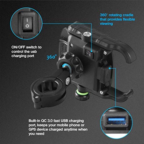 Rydonair Motorcycle Phone Mount with QC 3.0 USB Charger Socket Motorcycle Handlebar Mount Compatible with Samsung iPhone etc.